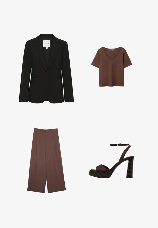 Čierny klasický blejzer vyrobený z hladkej tkaniny, s jedným gombíkom na zapínanie, klopovými goliermi a dvoma prednými vreckami.; Hnedé bavlnené tričko s krátkymi rukávmi a hlbokým V-výstrihom. Jednoduchý dizajn, jemná textúra a rovný lem. Bez vzorov alebo akcentov.; Hnedé nohavice so širokými nohavicami a hladkou textúrou, s vysokým pásom a prednými skladmi. Tkanina je ľahká a voľne sa pohybuje.; Hnedé semišové sandále na vysokom podpätku s otvorenou špičkou, nastaviteľným členkovým remienkom a pruhovanou platformovou podrážkou.