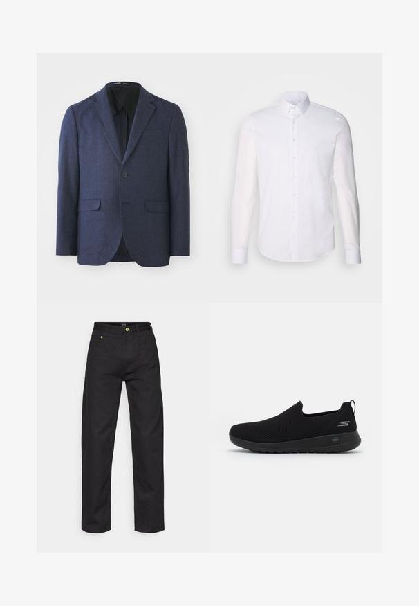 Námornícky modrý blejzer z textilnej tkaniny. S klopovými reverzami, jedným gombíkom na zapínanie, dvoma prednými vreckami a rozparkom na chrbte. Hladká vnútorná podšívka.; Biela košeľa s dlhým rukávom, vyrobená z bavlny, s klasickým golierom, prednými gombíkmi a minimálnym prešívaním.; Čierne džíny s rovnými nohavicami, s zelenými odtieňmi na gombíkoch a štandardným dizajnom s piatimi vreckami. Hladká textúra, klasický štýl.; Čierne slip-on tenisky s priedušným vrchným materiálom z twitteru, okrúhlou špičkou a polstrovanou gumovou podošvou. Na boku sa nachádza logo.