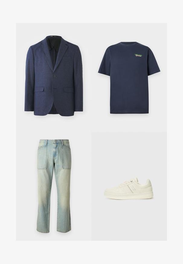 Mörkblå kavaj i texturerad tyg. Insnitsade revers, enkel knäppning, två framfickor och vent bak. Slät foder.; Mörkblå kortärmad T-shirt i bomull med "London Fields Superstore" broderat i grönt och rött på övre vänstra bröstet.; Ljust blå denimbyxor med rak benpassform, synlig sömnad och två stora framfickor. Tyget har en blekt struktur.; Krämfärgad sneaker med perforerade detaljer, snören och logotyp på sidan, visad mot en enkel vit bakgrund.
