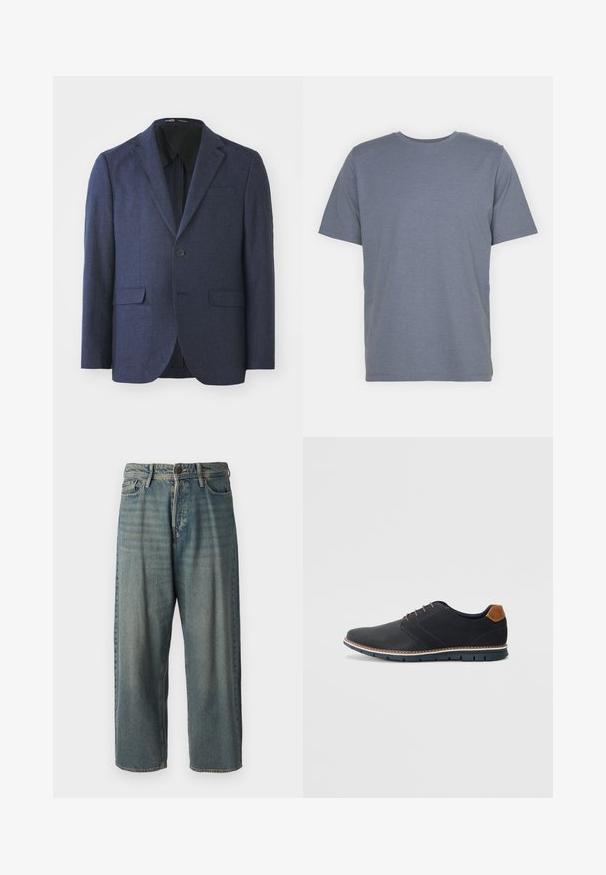 Blazer azul-marinho em tecido texturizado. Lapelas em bico, fecho de botão único, dois bolsos frontais e abertura nas costas. Forro interior suave.; T-shirt cinza de manga curta com gola redonda, feita de um tecido suave em mistura de algodão. Design simples, sem padrões ou detalhes.; Jeans de ganga azul claro com um corte solto, cintura média e pernas retas. Apresenta cinco bolsos, passadores de cinto e fecho com botão.; Sapatos sintéticos pretos com um upper texturizado, pormenores lisos, salto castanho e uma sola contrastante. Apresentam um sistema de atacadores mínimo e detalhes de costura.