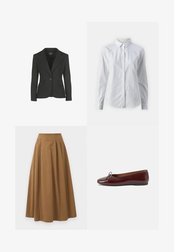 Fekete blézer, testhezálló sziluettel, kivágott hajtókával és két elülső zsebből áll. Egy gombbal záródik, sima szövet textúrával rendelkezik.; Fehér, sima pamutből készült gombos ing, klasszikus gallérral, hosszú ujjakkal és ívelt hemvéggel. A gombok kicsik és fehérek.; Barna pamut A-vonalú szoknya magas derékkal, elöl pliszézett és sima textúrával. Az alsó szegélyek letisztultak és egyszerűek.; Burgundi lakkbőr balettcipő kerek orral, elöl kis masni díszítéssel és alacsony, fekete gumi talppal. Simára csiszolt felület.