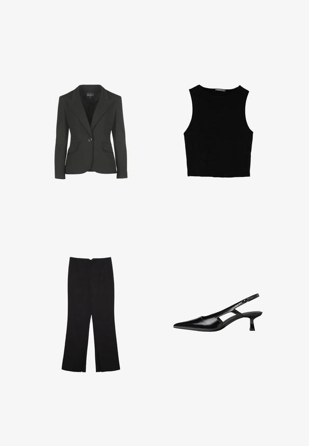 Čierny blejzer so priliehavým strihom, so špicatými klopami a dvoma prednými vreckami. Obsahuje jedno gombíkové zapínanie a hladkú textúru látky.; Čierny bezrukávový crop top vyrobený z hladkej tkaniny, so zaobleným výstrihom a čistým, jednoduchým dizajnom bez vzorov alebo kovania.; Čierne nohavice so strihom rovného strihu, s prednými vreckami a bočnými rozparkami na leme. Vyrobené z mäkkej, hladkej tkaniny. Vhodné na rôzne príležitosti.; Čierne lakované kožené lodičky na podpätku s špicatou špičkou, výrezovým dizajnom na boku a malým štvorcovým podpätkom. Hladký povrch s minimálnymi akcentmi.