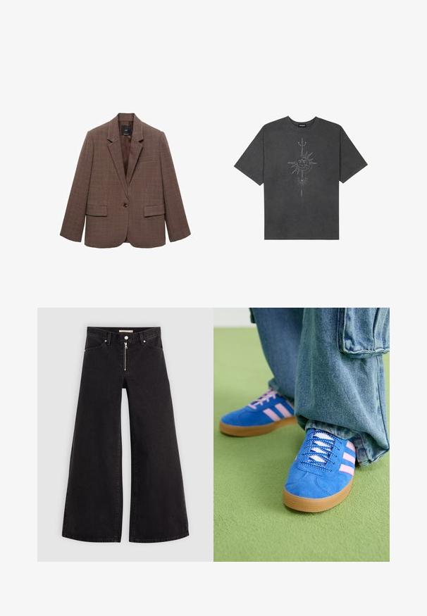 Mango Blazer - brown; Donkergrijze oversized t-shirt van katoen, voorzien van een centrale zonafbeelding met ingewikkelde lijndetails die op de voorkant zijn gedrukt.; Wijdvallende jeans van zwarte denim met een ritssluiting aan de voorkant, vijf zakken en subtiele stikdetails. Soepele textuur en casual stijl.; Blauwe suède schoenen met roze strepen en witte veters, voorzien van een gumrubberen zool, gecombineerd met losse denim broek op een groene ondergrond.