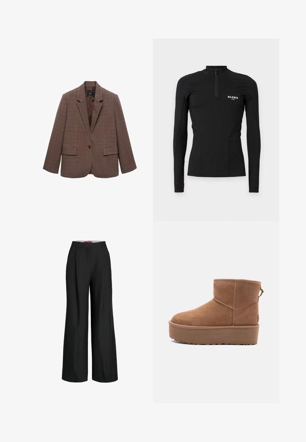 Mango Kratka jakna - brown; Crna sportska majica s dugim rukavima od rastezljivog materijala, s četvrt-zip kragnom, bočnim džepovima i logotipom "SILENCE" na grudima.; Crne široke hlače s krojem po mjeri, koje imaju plisirane detalje i glatku teksturu tkanine. Čiste linije bez vidljivih metalnih dijelova ili ukrasa.; Svijetlosmeđi antilop čizmice do članka s platformom, okruglim vrhom i ukrasnim šavovima; ima petnu traku za lakše obuvanje.