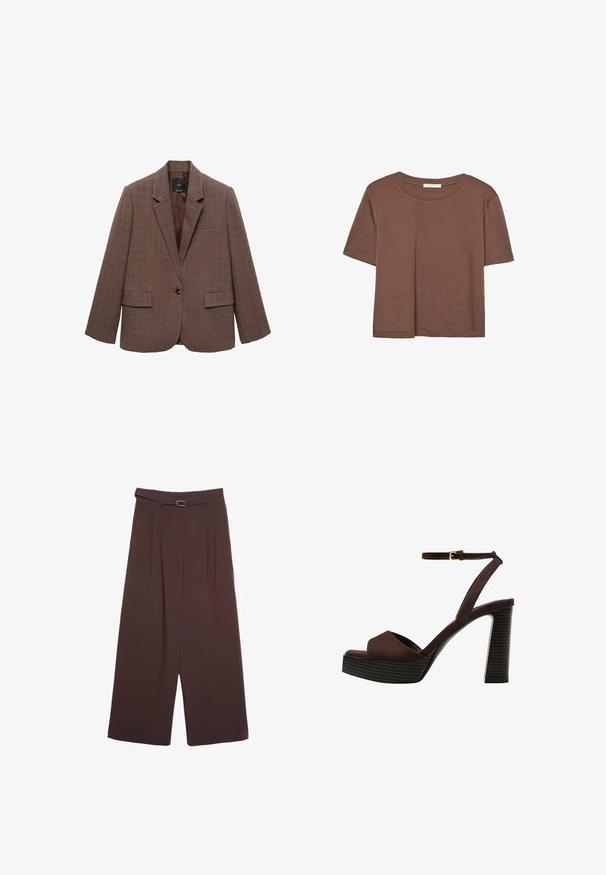 Mango Suknjič - brown; Rjava kratka majica s kratkimi rokavi iz mehkega materiala, s krožnim izrezom in ohlapnim krojem. Brez vidnih vzorcev ali dodatkov.; Stradivarius WIDE-LEG WITH BUCKLE DETAIL - Hlače - dark brown; Rjave semiš sandale z visoko peto, odprto spredaj, z nastavljivim gležnjenjem in črtastim podplatom.