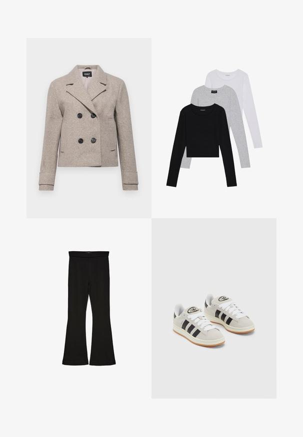 Giacca cropped beige doppiopetto con bottoni neri, rever a punta e maniche lunghe, realizzata in un materiale testurizzato simile alla lana.; Tre magliette a maniche lunghe impilate: nera, grigia e bianca. Ognuna ha un colletto rotondo e un design accorciato con tessuto morbido e leggero.; Leggings a zampa nera realizzati in un tessuto elasticizzato. Presentano una vita alta e una superficie liscia, con una silhouette aderente che si ampia all'orlo.; Sneakers in suede grigio con lacci bianchi, strisce nere e suola in gomma bianca. Presentano un logo circolare sulla linguetta e una suola in gomma.