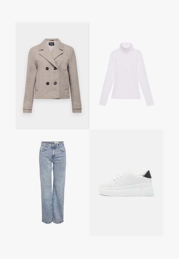 Dubbelzijdige beige cropped jas met zwarte knopen, gesneden revers en lange mouwen, gemaakt van een textuurachtige wolachtige stof.; Witte lange mouw turtleneck top gemaakt van glad, elastisch materiaal. Voorzien van een hoge kraag en een getailleerd ontwerp, zonder zichtbare patronen of versieringen.; Lichtblauwe wijde jeans gemaakt van denim, met een hoge taille, vijf zakken en subtiele vervaging voor een versleten uitstraling.; Witte platform sneakers van glad synthetisch materiaal, met een afgeronde neus, vetersluiting en een gestructureerde rubberen zool. Zwarte hielaccent.