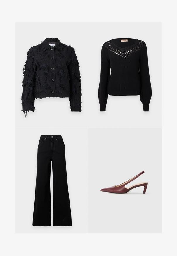 Schwarze kurze Jacke aus strukturiertem Material mit fransigen Details, einem Kragen und einer vorderen Knopfverschluss.; Schwarzer Pullover mit gerippter Struktur, gewelltem Ausschnitt und Lochmuster am Brustbereich. Lange Ärmel und taillierte Passform.; Schwarze Jeans mit weitem Bein, gefertigt aus Denim, mit hoher Taille, fünf Taschen, vorderer Knopfverschluss und minimalen Nahtdetails.; Burgunderfarbene Slingback-High Heels mit spitzer Zehenform, Ausschnitten an den Seiten und einem Blockabsatz in mittlerer Höhe. Glatte Lederoberfläche.