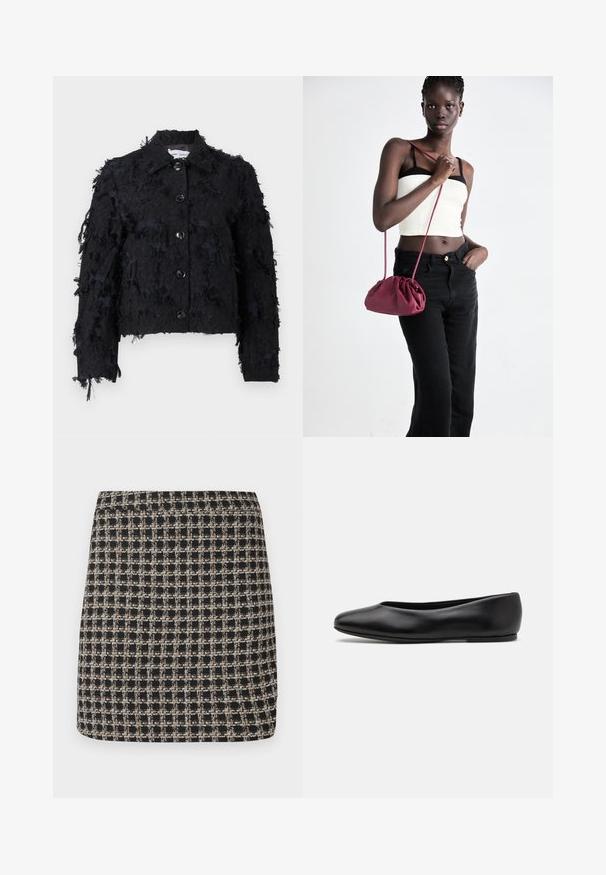 Sort cropped jakke med struktureret stof, som har nøglede detaljer, krave og frontlukning med knapper.; Hvid langærmet skjorte med knapper i en blød bomuldsblanding. Har en klassisk krave, frontlukning med knapper og rundede manchetter.; Sort og beige ternet mini nederdel med en tekstureret vævning og en glat talje, der har en struktureret pasform og et enkelt design.; Paul Smith TOPANGA - Ballerinasko - black; Bordeaux blødt stof håndtaske med en sammenpresset design og en lang rem, båret som crossbody. Modellen bærer en hvid cropped top og sorte jeans.
