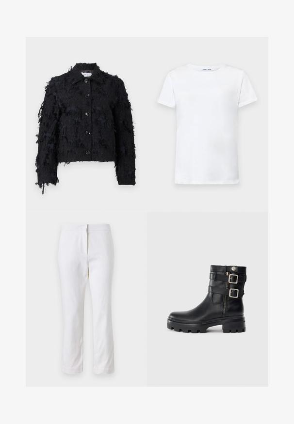 Fekete, rövidített dzseki texturált anyagból, szakadozott részletekkel, galléros nyakkal és elöl gombos záródással.; Fehér, rövid ujjú póló, pamutból készült, kerek nyakkivágással. Sima textúrájú, egyenes vonalú, minta vagy díszítés nélkül.; Fehér pamut nadrág egyenes lábformával, közepes derékkal, látható fémrészek vagy minták nélkül. Sima textúra az egész anyagon.; Fekete bőr bokacsizma dupla csat díszítéssel, cipzáras záródással, vastag talppal és sima textúrával. Jellemzője a robusztus, divatos kialakítás.