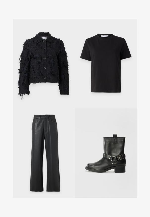 Black cropped jacket with textured fabric, featuring frayed detailing, a collared neck, and front button closure.; Black short-sleeve t-shirt made of soft cotton, featuring a round neckline, relaxed fit, and a smooth texture. No visible patterns or graphics.; Black wide-leg trousers made from a glossy material. Features a button closure, belt loops, and front pockets with a smooth texture.; Samsøe Samsøe SABRENTA - Cowboy/biker ankle boot - black
