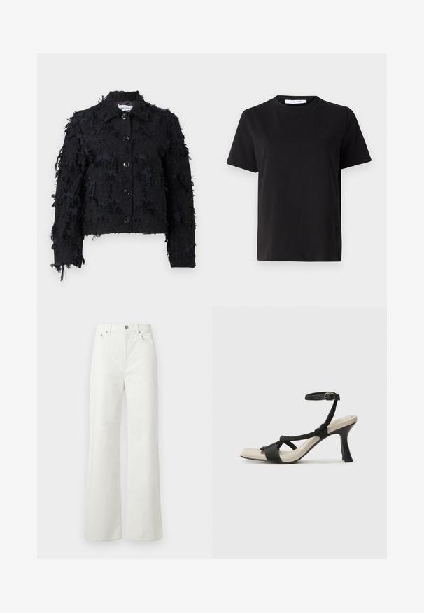 Crna skraćena jakna od teksturirane tkanine, s istrošenim detaljima, ovratnikom i prednjim kopčanjem na dugmad.; Crna kratka majica s kratkim rukavima od mekanog pamuka, s okruglim izrezom, opuštenim krojem i glatkom teksturom. Nema vidljivih uzoraka ili grafike.; Samsøe Samsøe SHELLY - Traperice opuštenog kroja - clear cream; Crne sandale na visokom potpetici s dizajnom pletenih trakica, kvadratnim vrhom i podešivom trakicom oko gležnja. Svijetlosmeđi ulošci s sjajnim crnim potpeticama.