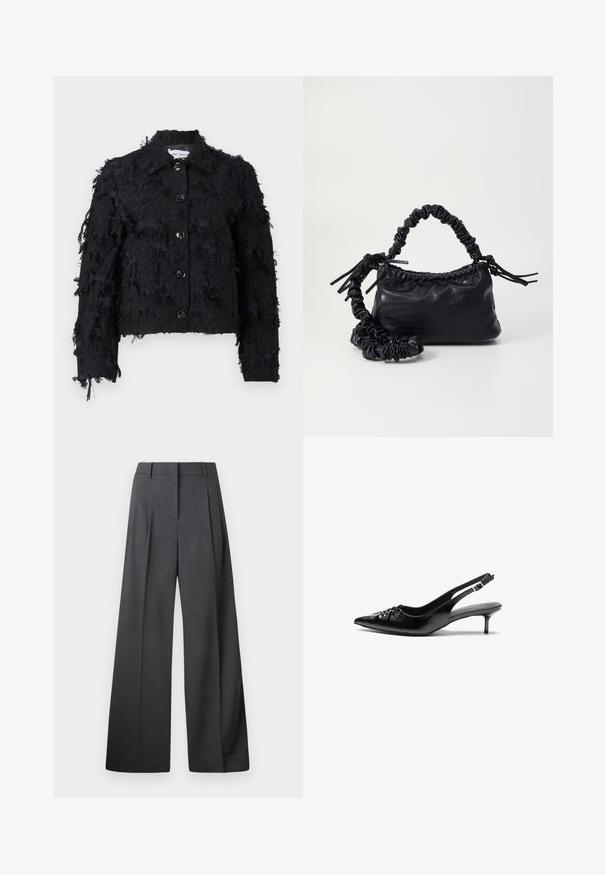 Must musterdatud lühike jakk tekstureeritud kangaga, koos lokkis detailidega, krae ja ees oleva nööpkinni panemisega.; Valge pikkade varrukatega särk kõrge kaelusega, millel on peen lilleline pitsimuster ja laineline äär.; Tumesed püksid tumesinises kangas, kõrge vöökoht, üks voldik ning sile struktuur puhaste ääristega.; Musthave nahkased kõrged kontsad, millel on terav varvas, väike kitten-kont ja dekoratiivne sõlm ees. Ühtlane sile tekstuur.; Must must sünteetilisest nahast käekott, millel on krokodillimuster, kokku tõmmatav ülaosa ja kortsus rihm. Tundub pehme ja kompaktne disain.