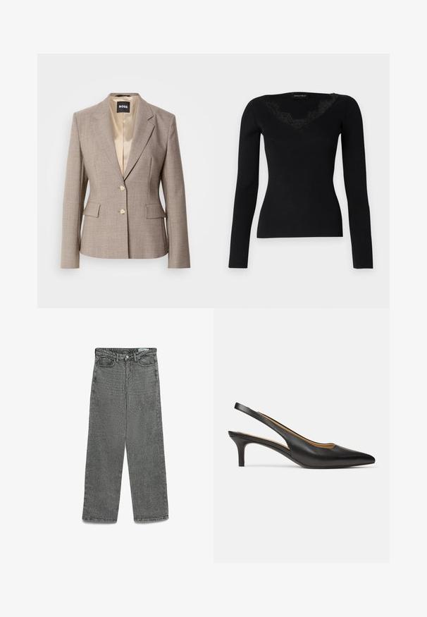 Blazer ajusté couleur brun clair avec une doublure en satin lisse, deux poches avant et deux boutons beiges pour la fermeture.; Haut noir à manches longues en maille côtelée avec un décolleté en V orné de dentelle. La texture du tissu semble lisse et ajustée, idéale pour des looks superposés.; Jean gris taille haute avec une coupe droite, fermeture à bouton et à glissière, passants de ceinture, et poches avant et arrière.; Escarpin slingback en cuir noir avec bout pointu et petit talon kitten, vu de côté sur un fond blanc uni.