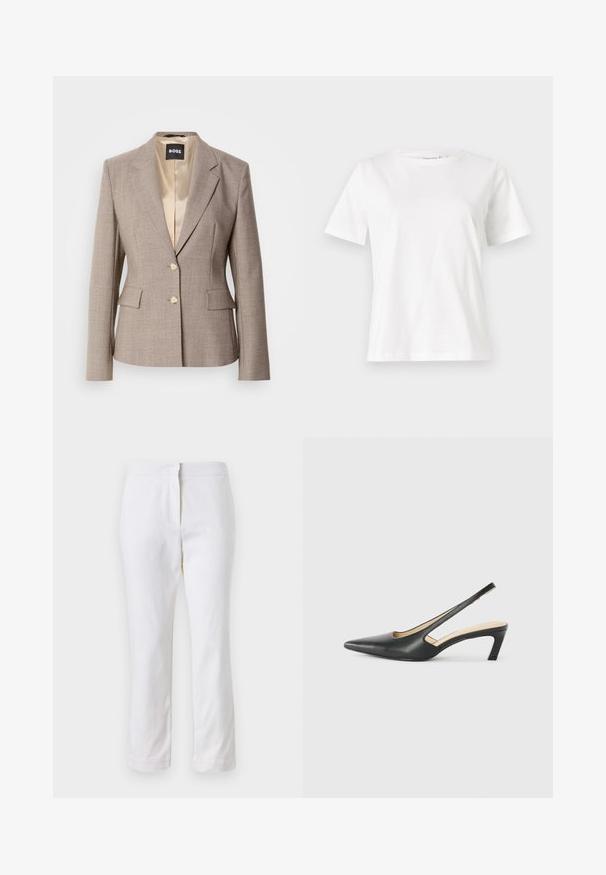 Világos barna, személyre szabott zakó sima selyem béléssel, két elülső zsebbel és két bézs gombbal a záródáshoz.; Fehér pamut póló rövid ujjakkal, kerek nyakkivágással és laza szabással. Sima textúra, nincsenek minták vagy díszítések, minimalista dizájn.; Fehér pamut nadrág egyenes lábformával, közepes derékkal, látható fémrészek vagy minták nélkül. Sima textúra az egész anyagon.; Fekete, hegyes orrú, slingback cipő alacsony sarkával, sima bőrből készült, oldalt kivágott deisgnal a légáteresztőképesség érdekében.