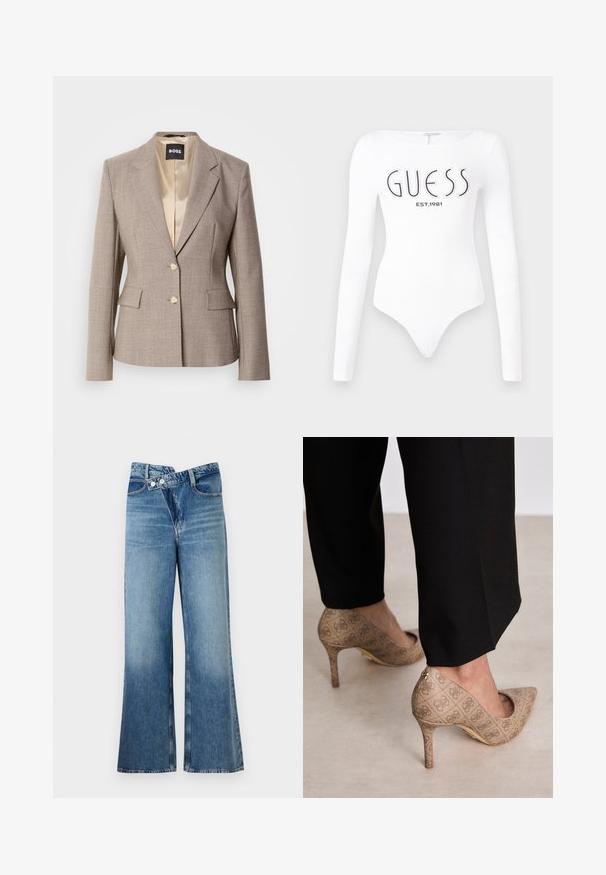 Light brown tailored blazer with a smooth satin lining, two front pockets, and two beige buttons for closure.; White long-sleeve bodysuit with a round neckline. Features "GUESS" logo and "EST.1981" printed in black on the front. Smooth texture.; Light blue denim flared jeans with a high waist, featuring two buttons and front pockets. Fabric has a faded texture with subtle variations.; Beige high-heeled shoes with a textured fabric featuring a repeating pattern. Pointed toe design with a back accent and gold heel detail.
