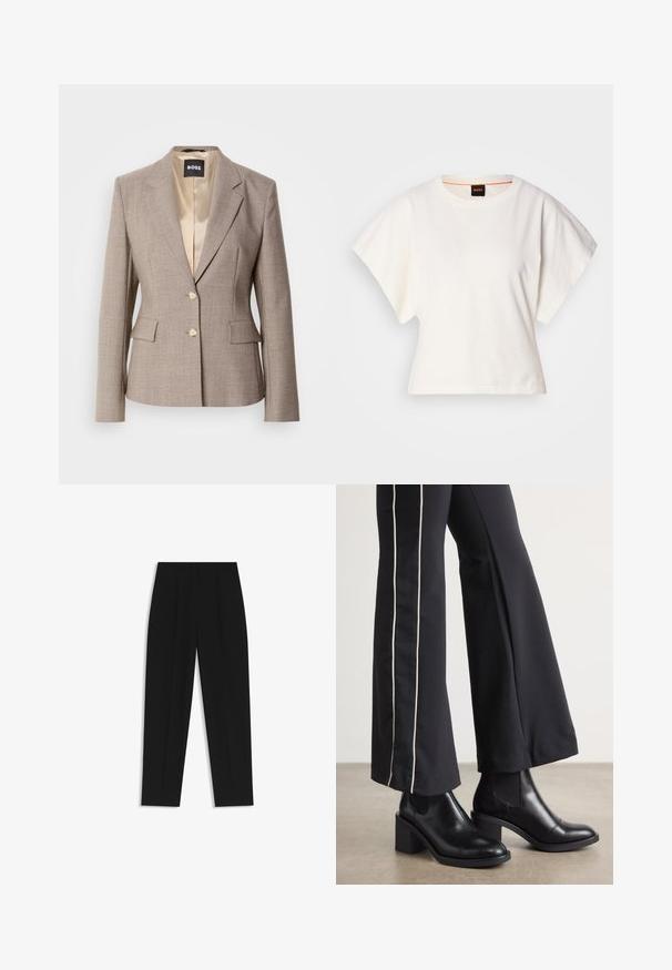 Vaaleanruskea räätälöity bleiseri, jossa on sileä satiinvuori, kaksi etutaskua ja kaksi beigepainiketta kiinnitystä varten.; Valkoinen lyhythihainen t-paita, leveät lyhyet hihat, pehmeää puuvillamateriaalia, pyöreä pääntie jossa hienovarainen oranssi reunus, minimaalinen muotoilu, ei kuvioita tai graafisia elementtejä.; Mustat housut suoran istuvuuden kanssa, joissa on kaksinkertaiset laskokset, sileä pinta ja klassinen vyötärönauhan muotoilu. Ei näkyviä metalliosia tai koristeita.; Mustat nahkasaappaat nilkkapituisilla, lohkareella, joissa on joustavat sivupaneelit. Yhdistetty mustiin housuihin, joissa on valkoinen sivuraita.