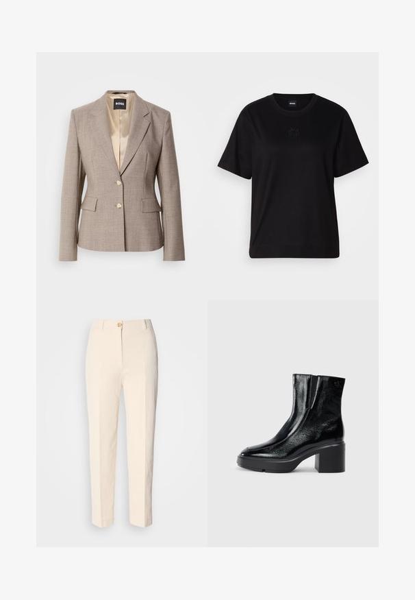 Gai brūns piegrieztā žakete ar gludu satīna oderi, divām priekšējām kabatām un divām bēšām pogām aizdarei.; Melna kokvilnas T-krekls ar apaļu izgriezumu, īsām piedurknēm un izšūtu logotipu uz krūtīm. Vienkāršs, brīvs piegriezums bez rakstiem.; Krēma krāsas augstākā jostas līmeņa bikses, izgatavotas no teksturēta auduma. Tām ir aizdare priekšā ar pogu un sašaurināti kājām.; Melnas lakotas ādas potītes zābaki ar izliekto purngalu, elastīgām sānu paneļiem un masīvu blokveida papēdi. Aizmugurē ir izsistā logo.