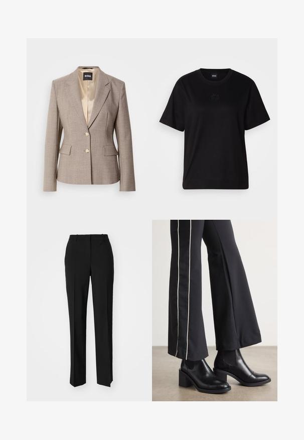 Gai brūns piegrieztā žakete ar gludu satīna oderi, divām priekšējām kabatām un divām bēšām pogām aizdarei.; Melna kokvilnas T-krekls ar apaļu izgriezumu, īsām piedurknēm un izšūtu logotipu uz krūtīm. Vienkāršs, brīvs piegriezums bez rakstiem.; Melnas pielāgotas bikses ar taisnu kāju dizainu, kas raksturojas ar gludu faktūru un asiem krokām pa priekšu. Nav redzamu metāla detaļu.; Melnas ādas potīšu zābaki ar blokveida papēdi, aprīkoti ar elastīgām sānu paneļiem. Kombinēti ar melniem biksēm, kuru sānos ir baltas svītras.