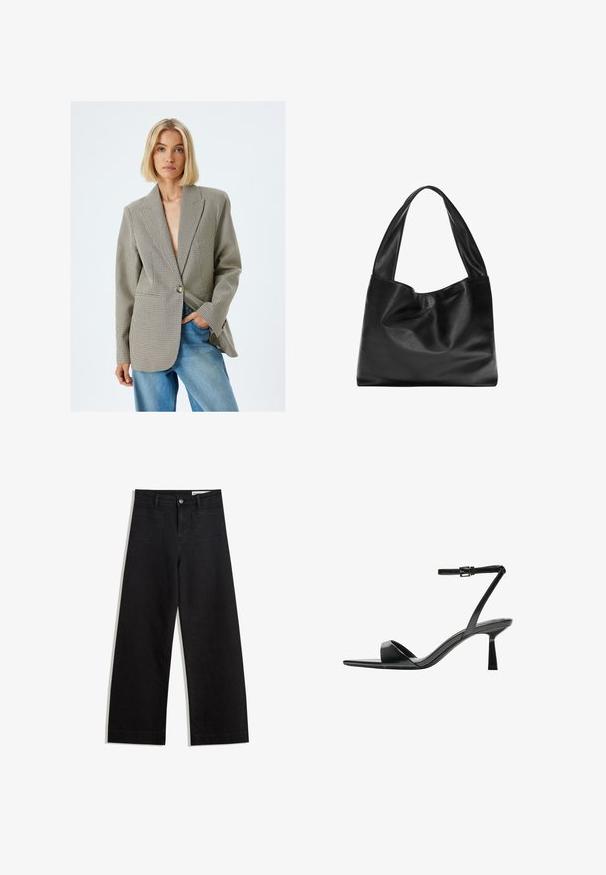 Ruudullinen bleiseri vaaleanruskeana ja mustana, yksinkertainen nappikiinnitys, lovetut kaulukset, rakenteelliset olkapäät yhdistettynä vaaleansinisiin farkkuihin.; Lyhythemmtä, pyöreäkauluksista valkoista t-paitaa, joka on valmistettu pehmeästä puuvillasta. Paidassa on yksinkertainen, selkeä muotoilu ilman näkyviä kuvioita tai korostuksia.; Mustat leveät farkut korkealla vyötäröllä, joissa on etu- ja takataskut, ommellut saumat ja nappisuljenta. Silkinoinen rakenne.; Bershka Korolliset sandaalit - black; Musta nahkainen olkalaukku, jossa on pehmeä, roikkuva muotoilu, leveät kahvat ja sileä pinta. Ei näkyviä metalliosia tai koristeluja.