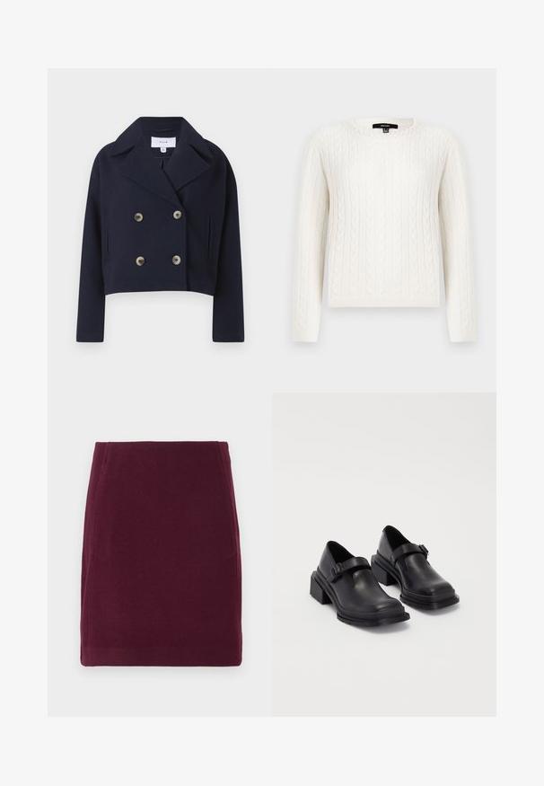 Marineblå kort jakke med dobbeltknapp, med krage, som har to frontlommer og messingknapper, laget av et mykt stoff.; Hvit kabelstrikket genser med lange ermer, rund hals, og dekorativ perleaccent ved kragen. Myk tekstur og tettsittende design.; Vero Moda VMFORTUNALLISON SHORT - A-line skjørt - winetasting; Sorte lærersko med rund tå, flat såle og en rem med spenne-detalj. Kraftig blokkhæl for bedre stabilitet.