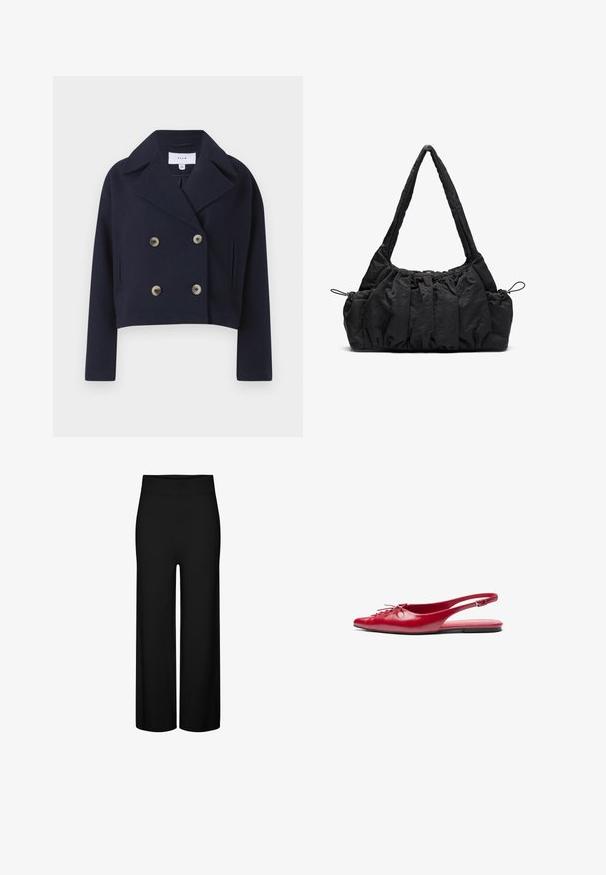 Marineblå kort jakke med dobbeltknapp, med krage, som har to frontlommer og messingknapper, laget av et mykt stoff.; Beige strikkegenser med ribbet høy hals, mansjetter og kant, med svart whipstitch-detaljering på skuldrene og øverste ermer.; Sorte vide benbukser med en elastisk midjebånd, med en glatt tekstur og ingen synlige mønstre eller detaljer.; Rød lær slingback leplesko med spiss tå og dekorativ snøring foran, med en smal ankelrem og flat såle.; Svart stoffhåndveske med rynket tekstur, to skulderstropper og snøring på sidene. Glatt, lett materiale.