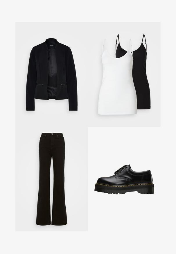 Čierny blazer s priliehavým strihom, bočnými vreckami na zips a hladkým vnútorným podšívaním. Má okrúhly výstrih a dlhé rukávy.; Dve dámske tielka: jedno biele a jedno čierne, vyrobené z mäkkého materiálu, s tenkými ramienkami a hlbokým výstrihom do V.; Čierne riflové nohavice s vysokým pásom a rozšírenými nohavicami, s gombíkovým zapínaním, bočnými vreckami a hladkou textúrou.; Čierne kožené šnurovacie topánky s hrubou, zúbkovanou čiernou gumovou podrážkou a žltým prešívaním pozdĺž okraja, s hladkým povrchom.