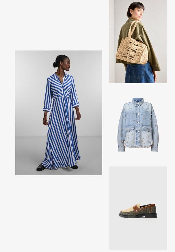 Jachetă din denim bleu deschis, decorată cu studs florale argintii, având două buzunare pe piept, un guler, și un tiv desfăcut. Capsele și cusăturile sunt vizibile.; Rochie lungă cu nasturi, cu dungi verticale albastre și albe, mâneci lungi, guler și o fustă fluidă. Material neted cu o croială lejeră.; Pantofi slip-on texturat, verzi și bej, cu un superior țesut, curea din piele maro și talpă neagră netedă. Accentuati cu un detaliu cu model pe curea.; Geantă de croșetat țesută de culoare crem, de formă rectangulară, cu două mânere late și un model deschis în grilaj. Designul are un material texturat și un interior spațios.