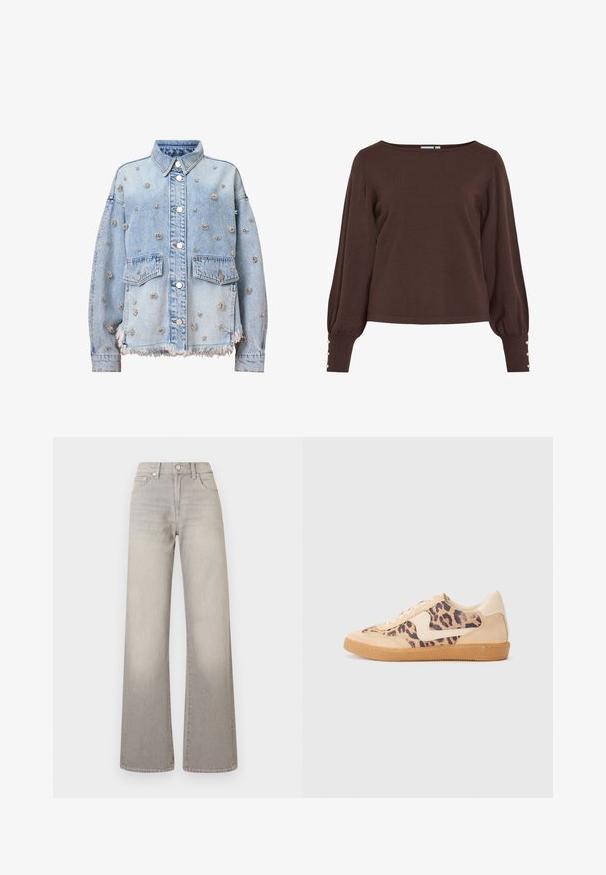 Fénykék denim dzseki ezüst virágos szegecsekkel, két mellzsebekkel, galléros nyakkal és rojtos szegéllyel. Gombok és varrások láthatók.; Barna kötött pulóver hajónyak-kivágással, hosszú, puffos ujjakkal és gombos díszítéssel a mandzsettákon. Laza szabású és sima tapintású.; Fehér, váll nélküli felső fodros díszítéssel, redőzött textúrával és rugalmas derékkal. Puha pamutanyagból készült.; Szürke, bőszárú farmernadrág elhalványodott hatással, gombos záródással, öt zsebes kialakítással és varrással díszített varratokkal.; Leopárdmintás sportcipő bézs velúr felsőrésszel, világosbarna gumitalppal és fehér kiegészítőkkel. Kerek orr, fűzős kialakítás, és textúrázott felület jellemzi.