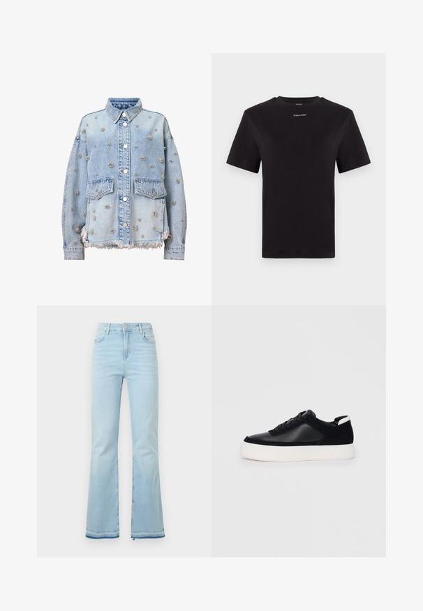 Ljusblå denimjacka med silverfärgade blommiga nitar, två bröstfickor, krage och fransad nederkant. Knappar och sömmar är synliga.; Svart bomulls t-shirt med korta ärmar, rund halsringning och liten vit "Calvin Klein" logotyp vid bröstet. Slät textur, klassisk passform.; Ljusblå utsvängda jeans i denim med hög midja, framfickor och rå kant vid bensluten för en avslappnad stil.; Svart sneaker med slät läder- och mockapaneler, platta snören, rundad tå och en vit gummisula. Distinkt logotyp på hälen.