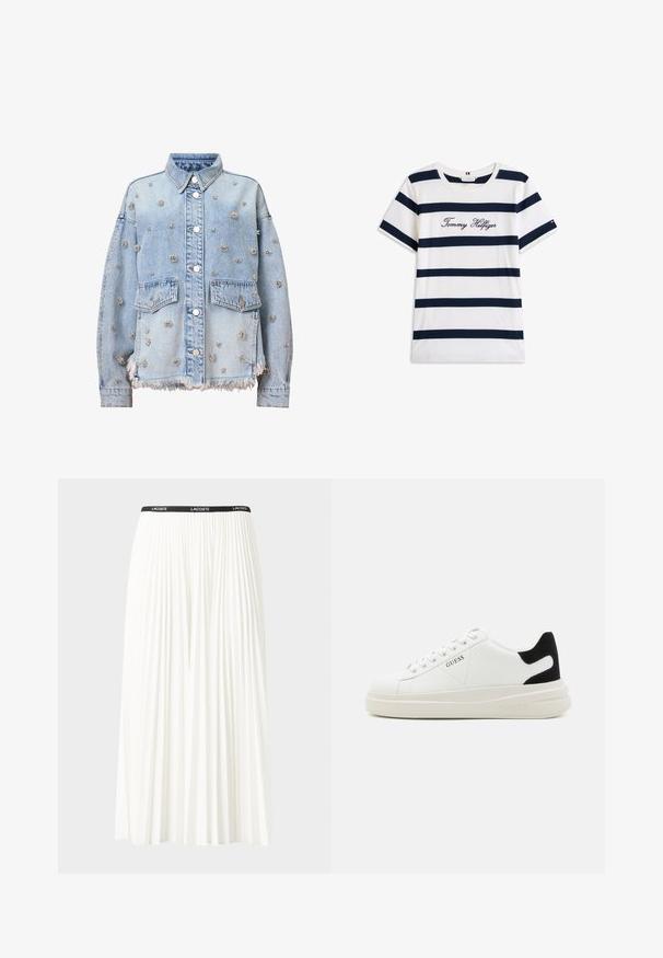Lichtblauwe spijkerjack met zilveren bloemenstuds, twee borstzakken, een kraaghals en een gefranjerde zoom. Knopen en stiksels zijn zichtbaar.; Katoenen T-shirt met horizontale marineblauwe strepen op een witte achtergrond. "Tommy Hilfiger" geborduurd in cursieve letters op de borst. Ronde hals.; Plisséminirok in het wit met een zwarte elastische tailleband met het "LACOSTE"-logo. Middellange ontwerp met een zachte textuur.; Witte leren sneakers met een dikke witte zool, zwarte suède hielaccent en een geperst logo op de zijkant. Vetersluiting met zes oogjes.
