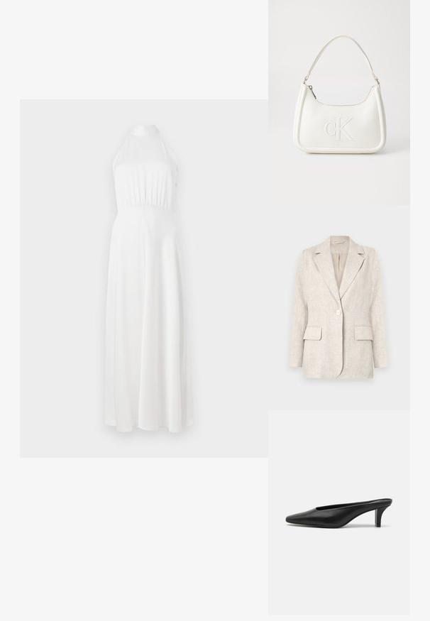 Világos bézs vászon blézer, jellegzetes gallérral, egy gombos záródással és két elülső zsebbel. Sima textúra, testhezálló fazon.; Fehér pánt nélküli maxi ruha, formázott felsőrésszel, gyűrt derékkal és lebegő szoknyával. Simaságát egy finom fényesség jellemzi.; Fekete bőr, hegyes orrú mokaszin, alacsony stiletto sarokkal. Simább textúra, minimalista kialakítás, és nyitott hátul a könnyű felvétel érdekében.; Fehér bőrtáska ívelt formájú, elöl feltűnő "CK" logóval, egyetlen vállpánttal. Cipzáras zárás a tetején.
