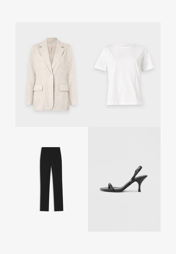Light beige linen blazer with a notched collar, single-button closure, and two front pockets. Smooth texture with a tailored fit.; White cotton t-shirt with short sleeves, round neckline, and a relaxed fit. Smooth texture, no patterns or accents, minimalistic design.; Black tailored trousers with a straight-leg design, featuring front pockets and a smooth, textured fabric. Neat, minimal detailing.; Black leather high-heeled sandals with a slim, curved heel and a crossed strap design. Adjustable ankle strap. Smooth texture.
