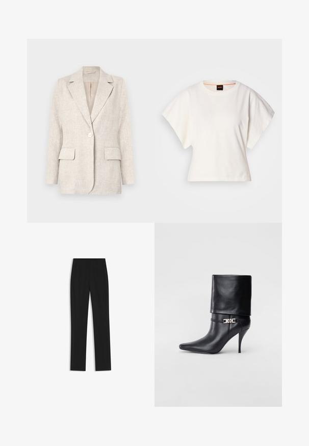 Ljusbeige linnakavaj med slagkrage, enkel knappstängning och två framfickor. Slät textur med en skräddarsydd passform.; Vit kortärmad T-shirt, korta vida ärmar, mjukt bomullsmaterial, rund halsringning med subtila orange detaljer, minimal design, inga mönster eller grafik.; Svarta skräddarsydda byxor med rak bendesign, som har framfickor och ett slätt, strukturerat tyg. Prydlig, minimal detaljer.; Svart läderankelstövel med spetsig tå, hög stilettklack, vikbar mudd och ett dekorativt guldfärgat spänne på ankeln.