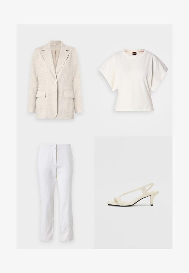 Light beige linen blazer with a notched collar, single-button closure, and two front pockets. Smooth texture with a tailored fit.; White cropped T-shirt, short wide sleeves, soft cotton material, round neckline with subtle orange trim, minimal design, no patterns or graphics.; White cotton pants with a straight leg design, featuring a mid-rise waist and no visible hardware or patterns. Smooth texture throughout.; Beige block-heeled sandals with thin straps and a square toe. Smooth material with minimal detailing, designed for easy wear.
