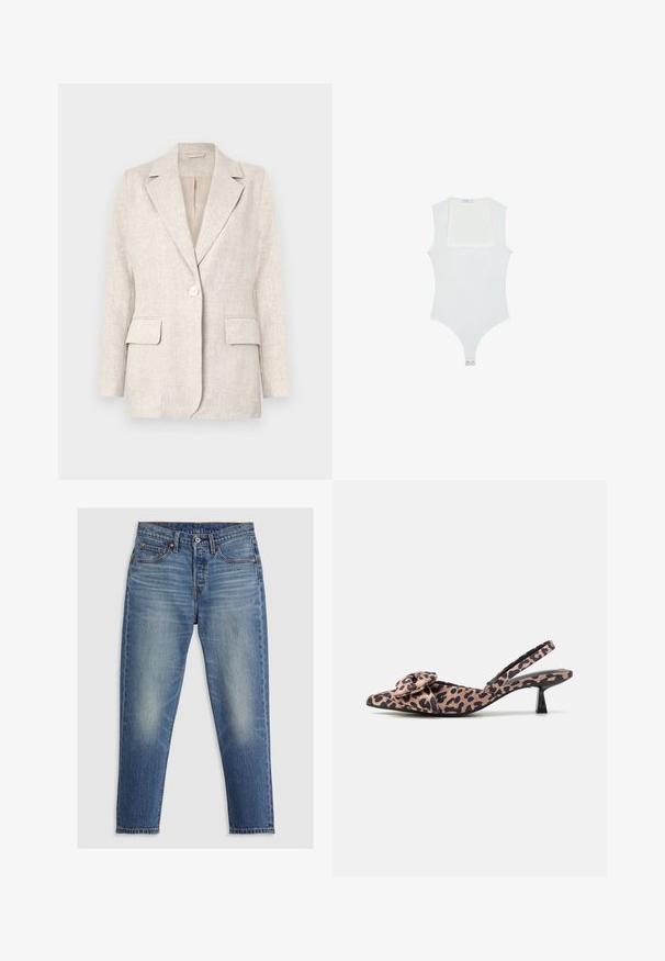 Svetlo béžový ľanový sako s trojuholníkovým golierom, jedným gombíkom a dvoma prednými vreckami. Hladký materiál s priliehavým strihom.; Biely body s hranatým výstrihom, bez rukávov, hladkou textúrou a patentom na dne. Jednoduchý a minimalistický štýl.; Svetlomodré džíny s rovnými nohavicami, piatimi vreckami, gombíkovým zapínaním a jemným vyblednutím na stehnách. Viditeľné kontrastné švy.; Slingback lodičky s špicatou špičkou v leopardom vzore s mašľou, s nízkym čiernym opätkom a hladkým povrchom.