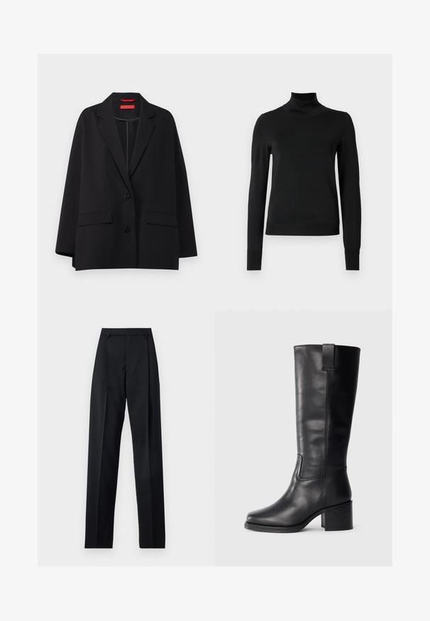 MAX&Co. VARCO - Blazer - black; Sweater preto de manga longa com gola alta, com punhos e bainha canelados, exposto em um fundo branco liso.; Calças pretas feitas de um tecido suave, com uma cintura alta, pernas largas, pregas frontais e passadores de cinto clássicos. Não há bolsos laterais visíveis.; Botas altas de couro preto com textura suave, bico quadrado, salto bloco e puxador lateral, apresentando detalhes de costura mínimos.