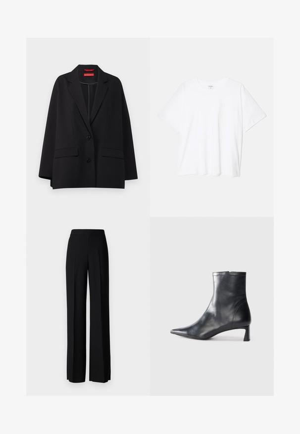 MAX&Co. VARCO - Blazer - black; T-shirt en coton blanc avec des manches courtes, un col rond, une coupe décontractée et un ourlet cousu. Étiquette visible à l'intérieur du col.; Pantalons noirs à jambes larges avec une texture lisse, dotés d'une taille haute et de plis centraux. Pas de motifs visibles ni de détails en matériel.; Bottine en cuir noir avec un bout pointu et un design épuré. Présente un petit talon et une fermeture éclair à l'arrière. Texture lisse.