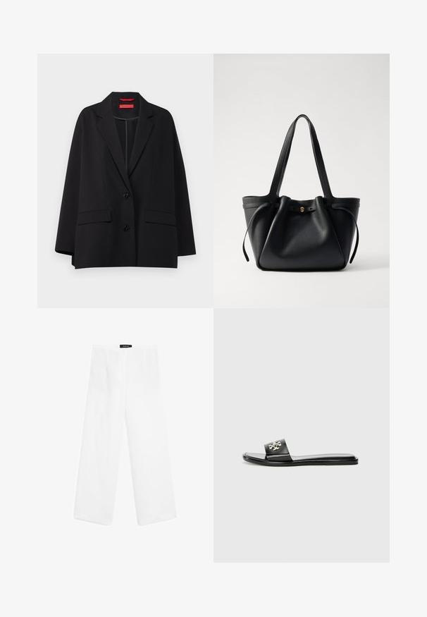 MAX&Co. VARCO - Blazer - black; Brown short-sleeve t-shirt made of soft fabric, with a round neckline and relaxed fit. No visible patterns or accents.; White linen wide-leg pants with a smooth texture, featuring a mid-rise waist, two front pockets, and a simple design.; Black flat slide sandal made of synthetic material, featuring a wide strap with a metallic logo accent and a smooth, glossy finish.; Black leather tote bag with two long straps, a cinched top, and a gold circular accent. Smooth texture with a minimalist design.