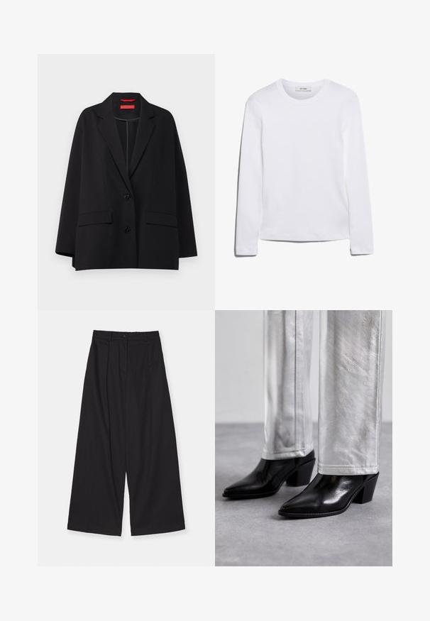 MAX&Co. VARCO - Blazer - black; Long-sleeve white T-shirt made of ribbed cotton, featuring a round neckline and a straight hem. Simple design with no patterns or accents.; Black wide-leg trousers made of a smooth fabric, featuring a high waist, front pleats, a button closure, and a straight silhouette.; Black leather ankle boots with a pointed toe and block heel, paired with shiny silver pants, showcasing sleek textures and contrasting colors.