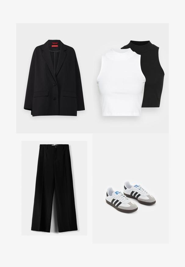 MAX&Co. VARCO - Blejzr - black; Dvě bezrukávové halenky s ribovým stojáčkem v černé a bílé barvě, které mají přiléhavý střih a hladkou texturu, s krácenou délkou.; Černé široké kalhoty z lehkého materiálu s předním zapínáním na knoflík a hladkým předním dílem, s pečlivě přišitými lemy.; Sportovní boty s bílým koženým svrškem, šedou semišovou špičkou a třemi černými pruhy. Obsahují modré logo na jazyku a texturovanou gumovou podrážku.