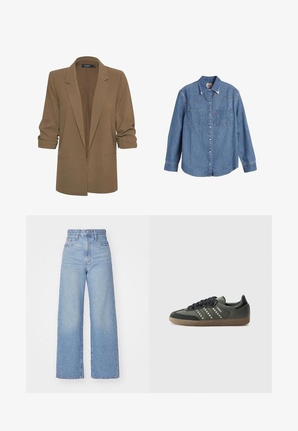 Brun blazer med en skræddersyet design, notched klapper, rullede ærmer og to frontlommer. Glat stof med en let glans.; Lys blå denimskjorte med lange ærmer, spids krave, to brystlommer og kontraststing. Har et western-inspireret yoke-design.; Lyseblå højtaljede bukser med bred benåbning, med frontknap og lynlås, samt for- og baglommer, på en hvid baggrund.; adidas Originals SAMBA OG - Sneakers - core black/legend earth/gum