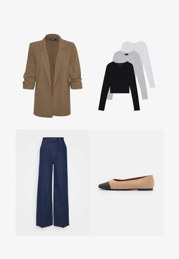 Hnedý blazer s prispôsobeným strihom, s výstrihom do "V", s rolenými rukávmi a dvoma prednými vreckami. Hladká tkanina s jemným leskom.; Tričko s dlhým rukávom v troch farbách: čiernej, sivej a bielej. Každé má okrúhly výstrih a skrátený strih vyrobený z hladkej, ľahkej tkaniny.; Džíns s vysokým pásom a širokými nohavicami, tmavomodrej farby, s prednými a zadnými vreckami, zapínaním na gombík a viditeľnými švy.; Béžové semišové baletky s čiernou koženou okrúhlou špičkou, nízkym podpätkom a hladkou textúrou, s minimálnym prešívaním a čistým dizajnom.