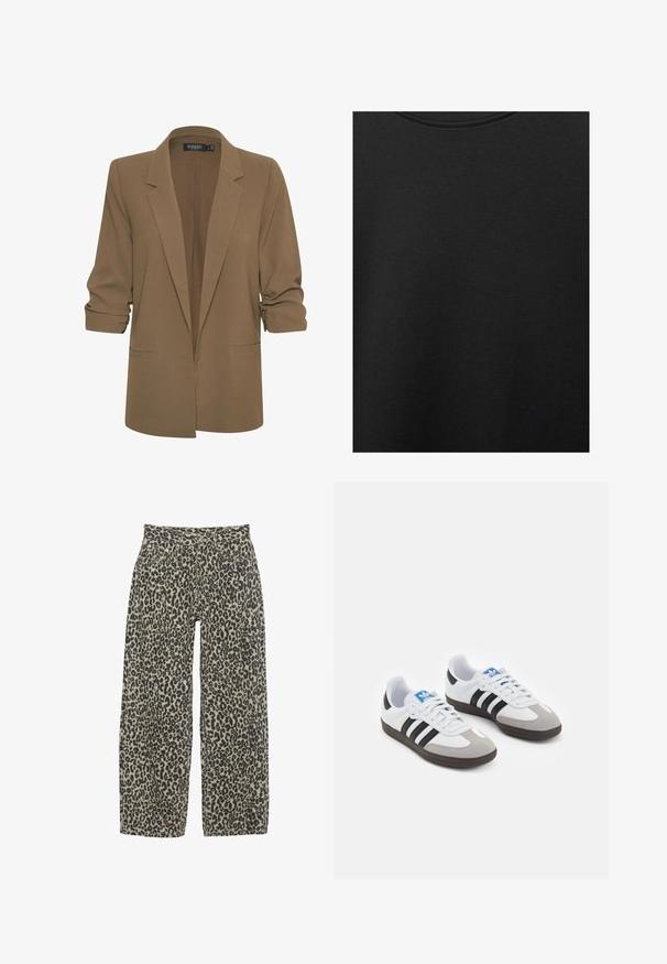 Hnědý blazer s přiléhavým střihem, výstřihem s klopami, ohrnutými rukávy a dvěma předními kapsami. Hladká tkanina s mírným leskem.; Černá bavlněná tkanina s hladkým povrchem a kulatým výstřihem, s jemným, rovnoměrným zrnem. Žádné viditelné loga ani akcenty.; Kalhoty s širokými nohavicemi v leopardi vzoru v neutrální béžové a černé barevné kombinaci. Mají vysoký pas, pět kapes a zapínání na knoflík.; Sportovní boty s bílým koženým svrškem, šedou semišovou špičkou a třemi černými pruhy. Obsahují modré logo na jazyku a texturovanou gumovou podrážku.