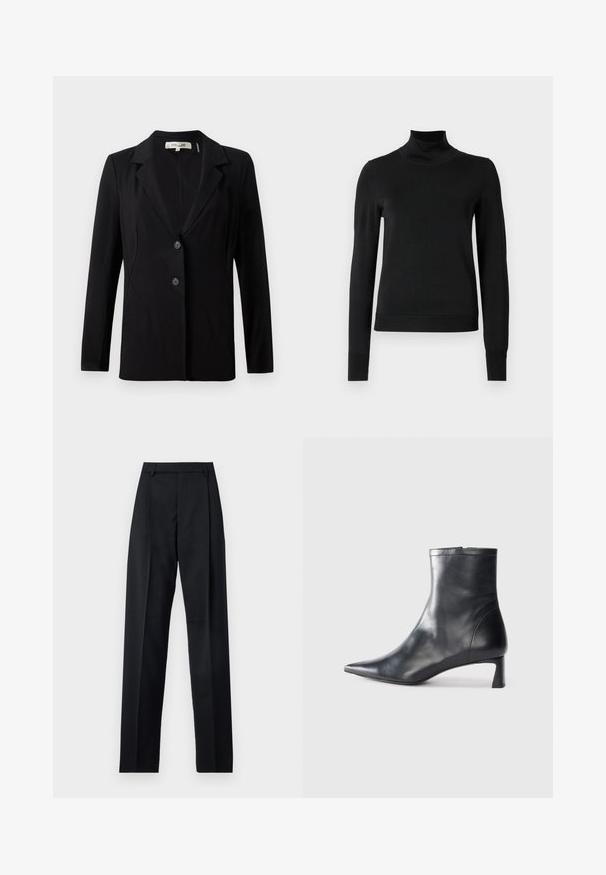 Fekete blézer, amelynek hajtott gallérja, két elülső gombja és szabott varrásai vannak. Simára szőtt anyagból készült, hosszú ujjú és strukturált fazonnal rendelkezik.; Fekete, hosszú ujjú garbós pulóver bordás mandzsettákkal és aljjal, sima fehér háttér előtt bemutatva.; Fekete nadrág sima anyagból, magas derékkal, széles lábakkal, elülső redőkkel és klasszikus övhurkokkal. Oldalzsebek nem láthatók.; Fekete bőr bokacsizma hegyes orral és letisztult dizájnnal. Alacsony sarka és hátsó cipzáras záródása van. Simának tűnő textúra.