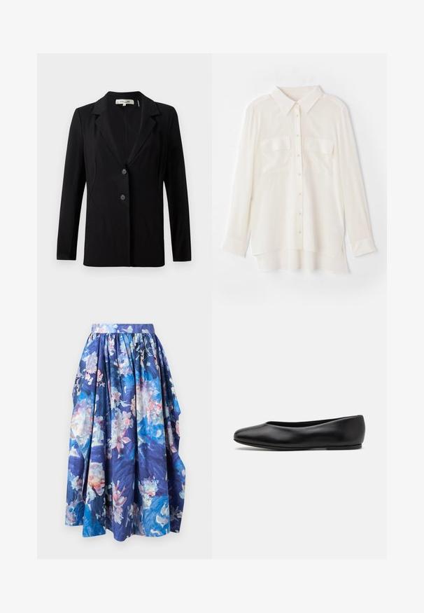 Black blazer featuring a notched collar, two front buttons, and tailored seams. Made of smooth fabric with long sleeves and a structured fit.; White button-up shirt made of lightweight fabric. Features a classic collar, two chest pockets, and a slightly longer back hem.; Blue floral midi skirt with gathered waist and soft pleats, featuring shades of pink, white, and light blue on a navy background.; Paul Smith TOPANGA - Ballet pumps - black