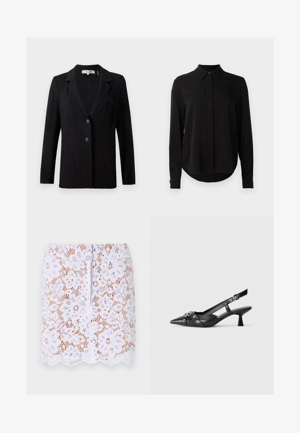 Fekete blézer, amelynek hajtott gallérja, két elülső gombja és szabott varrásai vannak. Simára szőtt anyagból készült, hosszú ujjú és strukturált fazonnal rendelkezik.; Fekete hosszú ujjú blúz hegyes gallérral, rejtett gombsorttal és ívelt aljjal egy sima fehér háttér előtt.; Fehér csipke szoknya virágmintával, fodros szegéllyel és diszkrét díszítésekkel. Testhezálló fazonú, rejtett hátsó cipzárral rendelkezik.; Fekete bőr slingback cipő hegyes orral, dekoratív pántokkal, fém szemekkel és alacsony blokk sarkú. Texturált felület.