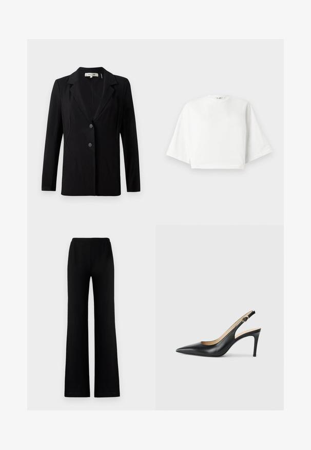 Crni blazer s izrezanim ovratnikom, dva prednja gumba i krojenim šavovima. Izrađen od glatkog materijala s dugim rukavima i strukturiranim krojem.; Bijela skraćena majica s opuštenim krojem, kratkim širokim rukavima, okruglim izrezom i bočnim prorezima, izrađena od mekanog pamučnog materijala.; Crne hlače širokog kroja izrađene od mekog materijala s elastičnom waistband-om, s glatkom teksturom i bez vidljivih džepova ili ukrasa.; Crne kožne slingback visoke potpetice s šiljastim nosom, podesivim trakama i elegantnim stiletto potpeticama, s glatkom završnom obradom.