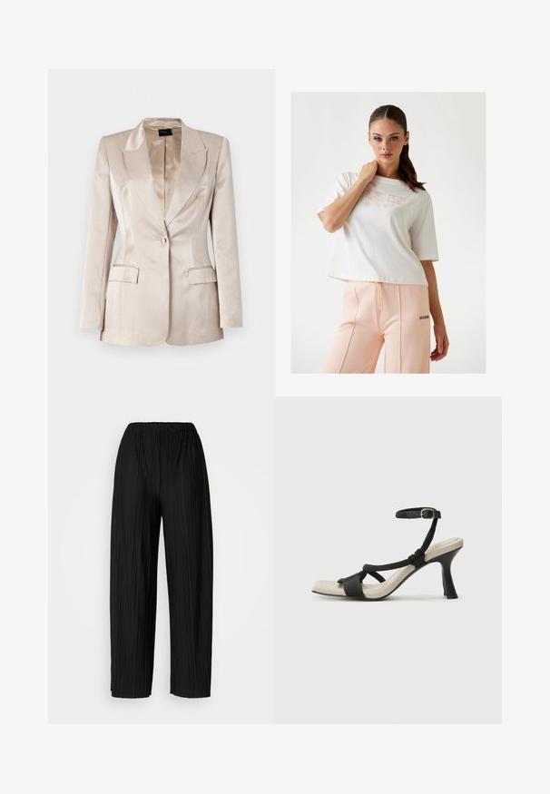 Beige satīna žakete ar strukturētu dizainu, ar iegrieztiem apkakles galiem, vienu pogu aizdari un divām priekšējām kabatām, ar gludu, spīdīgu tekstūru.; Balta, īsā T-kreklā ar "GUESS" logo gaismi rozā krāsā, apvienots ar persiku krāsas sporta biksēm, kurām sānos ir melns logo. Gluda kokvilnas tekstūra.; Melni plaši svārki ar krokām un elastīgu jostu. Audumam ir vertikālas krokas un gluda tekstūra.; Melnas augstpapēžu sānijas ar pinuma siksnu dizainu, kvadrātveida purngali un regulējamu potītes siksnu. Gaismas beidzamais kāju paklājiņš ar spīdīgu melnu papēdi.