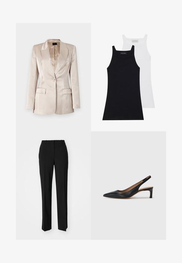 Beež satiinist bleiser, millel on struktureeritud disain, nurgalapid, ühe nupuga sulgemine ja kaks esist pocket'it, millel on sile ja läikiv tekstuur.; Kaks ilma varrukat tippi mustas ja valges. Valmistatud pehmest, venivast kangast, millel on ribakujundus ja tihe disain. Omab kitsaid rihmasid.; Mustad ja sirged püksid, millel on sile tekstuur ja teravad voldid esiosas. Ilma nähtavate detailideta.; Must musta slingback tüüpi kingad terava nina, madala kontsaga ja sileda pinnaga. Sisaldab õhukest reguleeritavat rihma turvaliseks istumiseks.